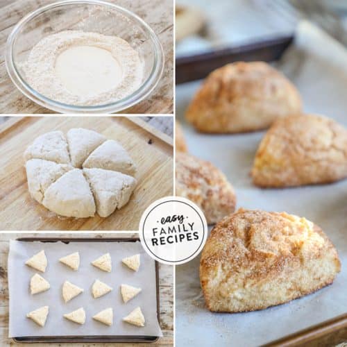 how to make cinnamon sugar scones 1) make the dough, 2) roll out and cut the dough, 3) line on a baking sheet, 4)bake and serve!