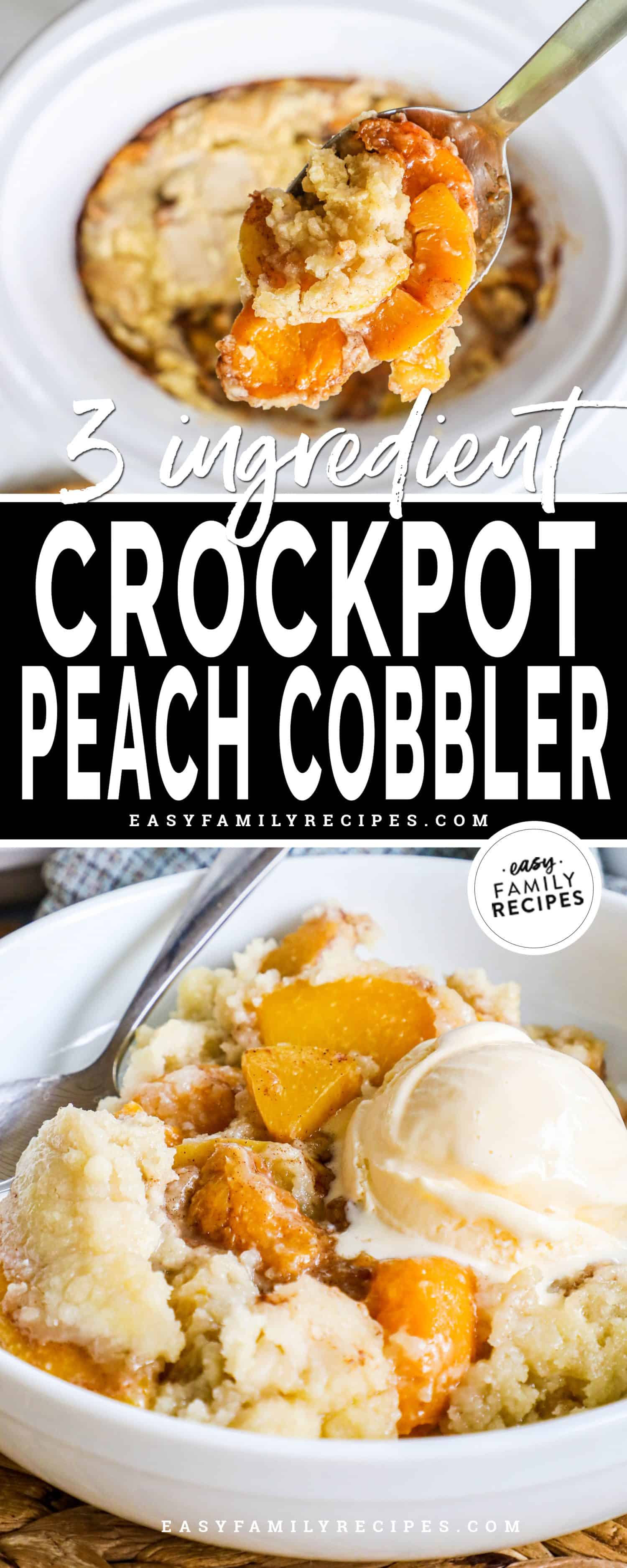 two images of peach cobbler, one with a spoonful of cobbler held over a crockpot and the second with a bowl filled with cobbler.