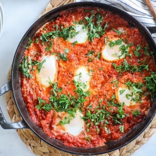 overhead picture of traditional Israeli Shakshuka with eggs