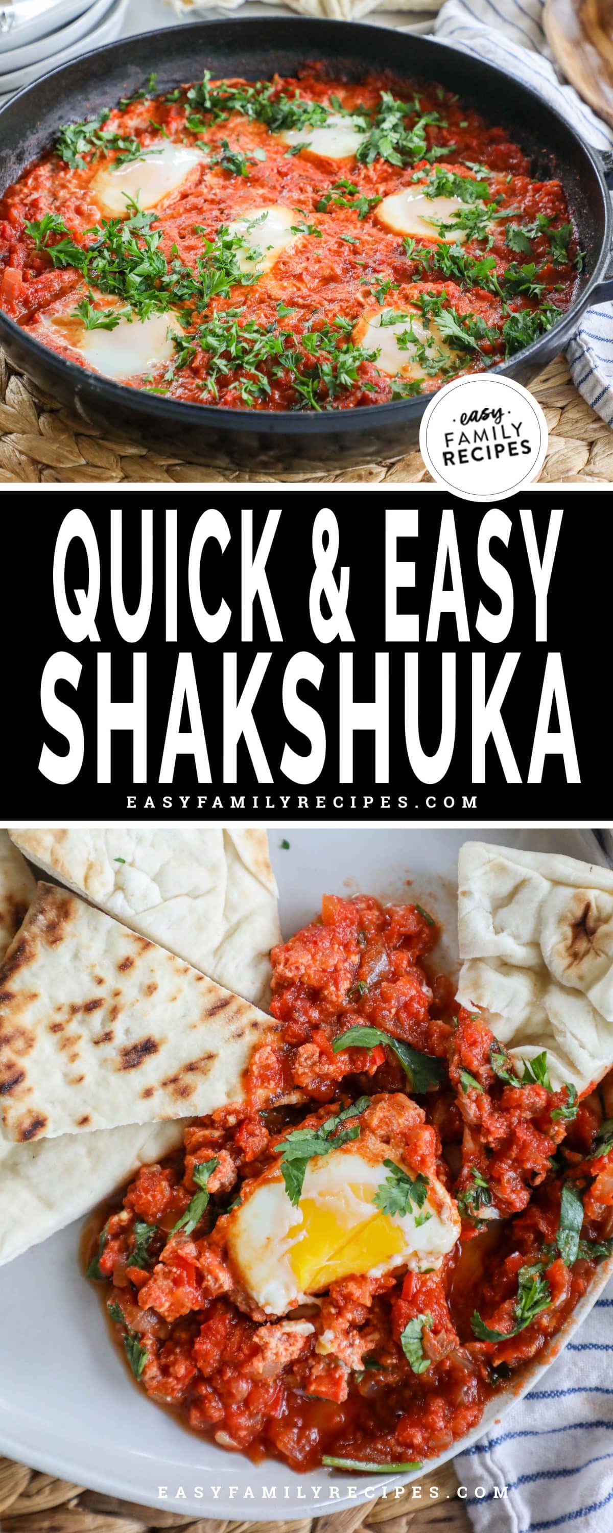 Easy Shakshuka breakfast served on a plate with pita