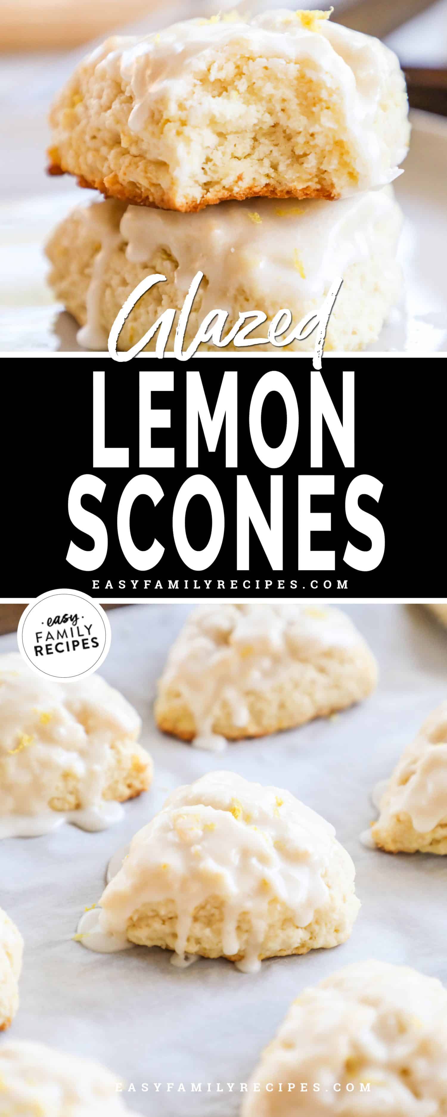 2 image collage of lemon scones, one with glazed scones stacked on top of each other with a bite taken out of the top one, and the other showing the scones on parchment paper dripping with glaze.