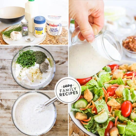Step by step for making homemade buttermilk dressing: 1. Gather the ingredints. 2. Add all ingredients to a mixing bowl. 3. Whisk the dressing well until everything is combined. 4. Drizzle dressing over salad.