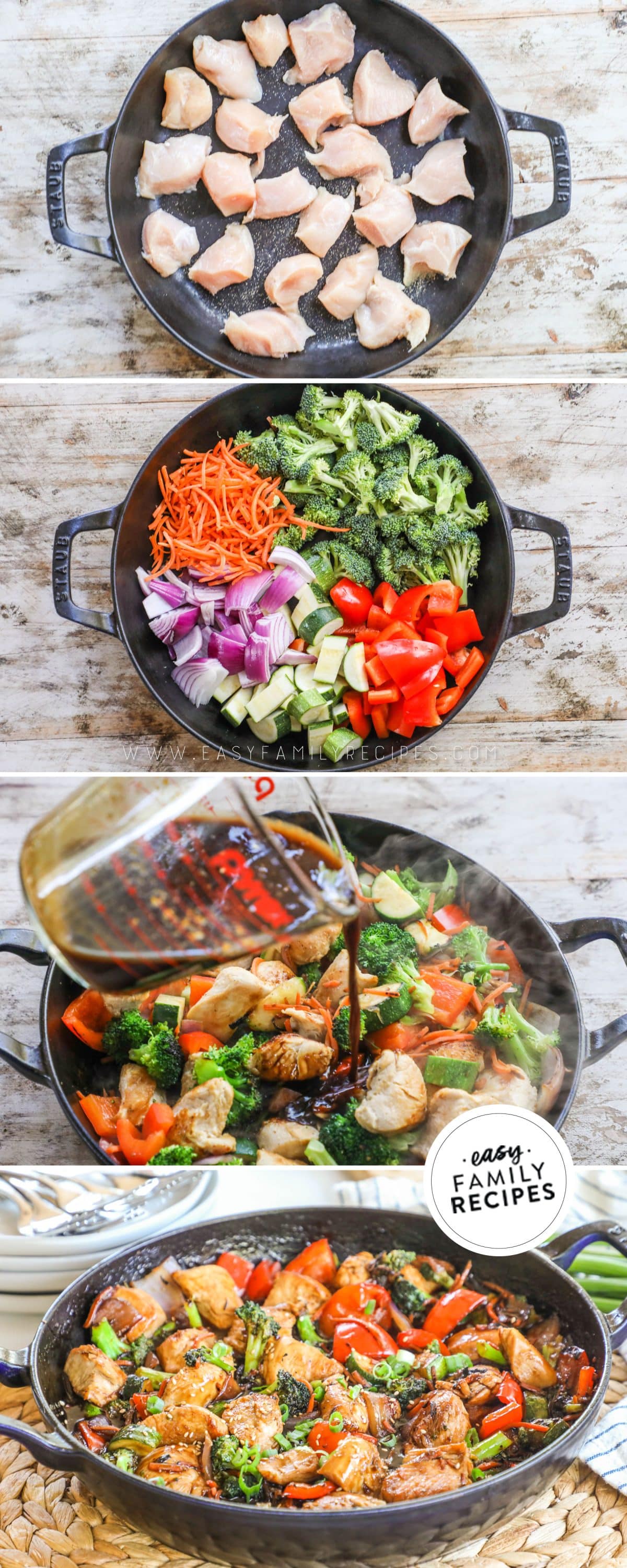 How to make chicken and vegetable stir fry: 1) cook the chicken, 2) cook the vegetables, 3) add the sauce, 4) stir together