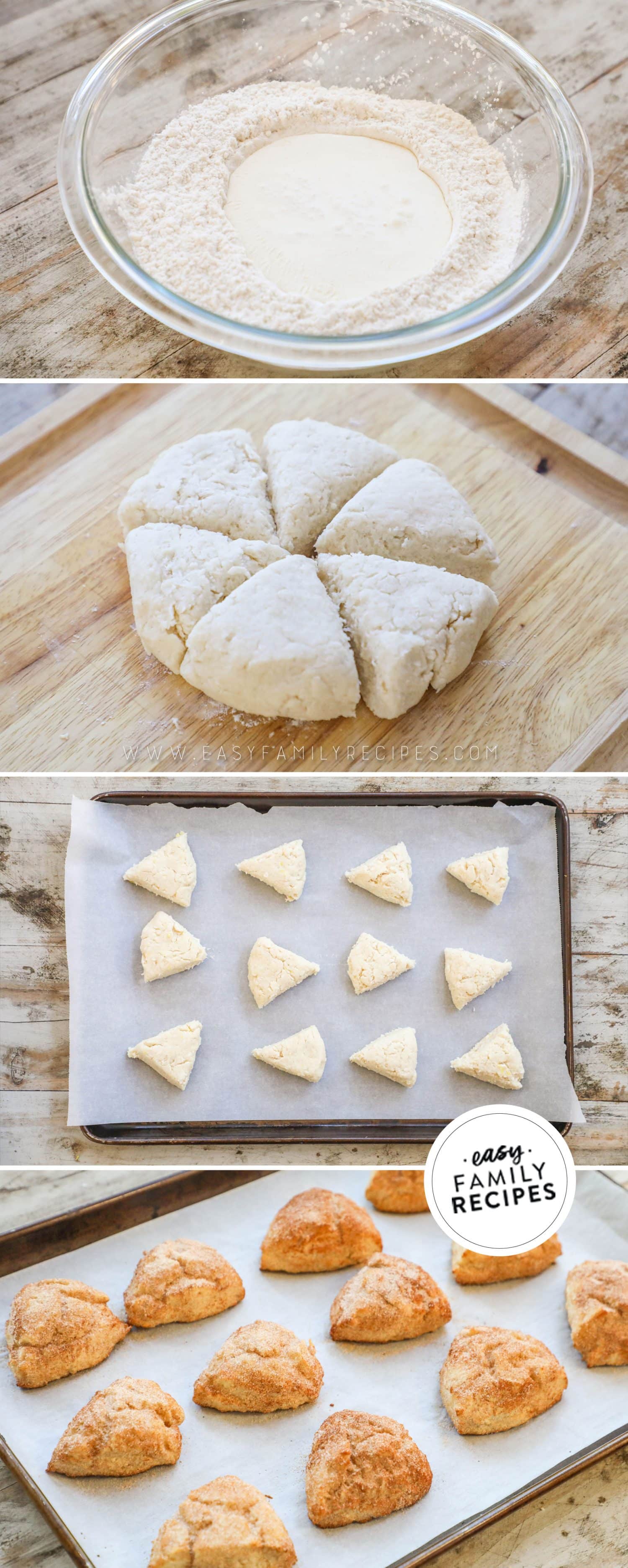 how to make cinnamon sugar scones 1) make the dough, 2) roll out and cut the dough, 3) line on a baking sheet, 4)bake and serve!