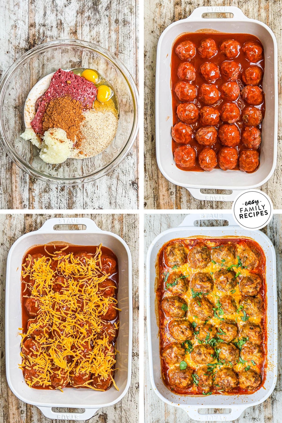4 image collage making recipe: 1- meatball ingredients in a bowl, 2- after forming into balls and added to baking in dish in rows with enchilada sauce, 3- shredded cheese sprinkled over, 4- after baking.