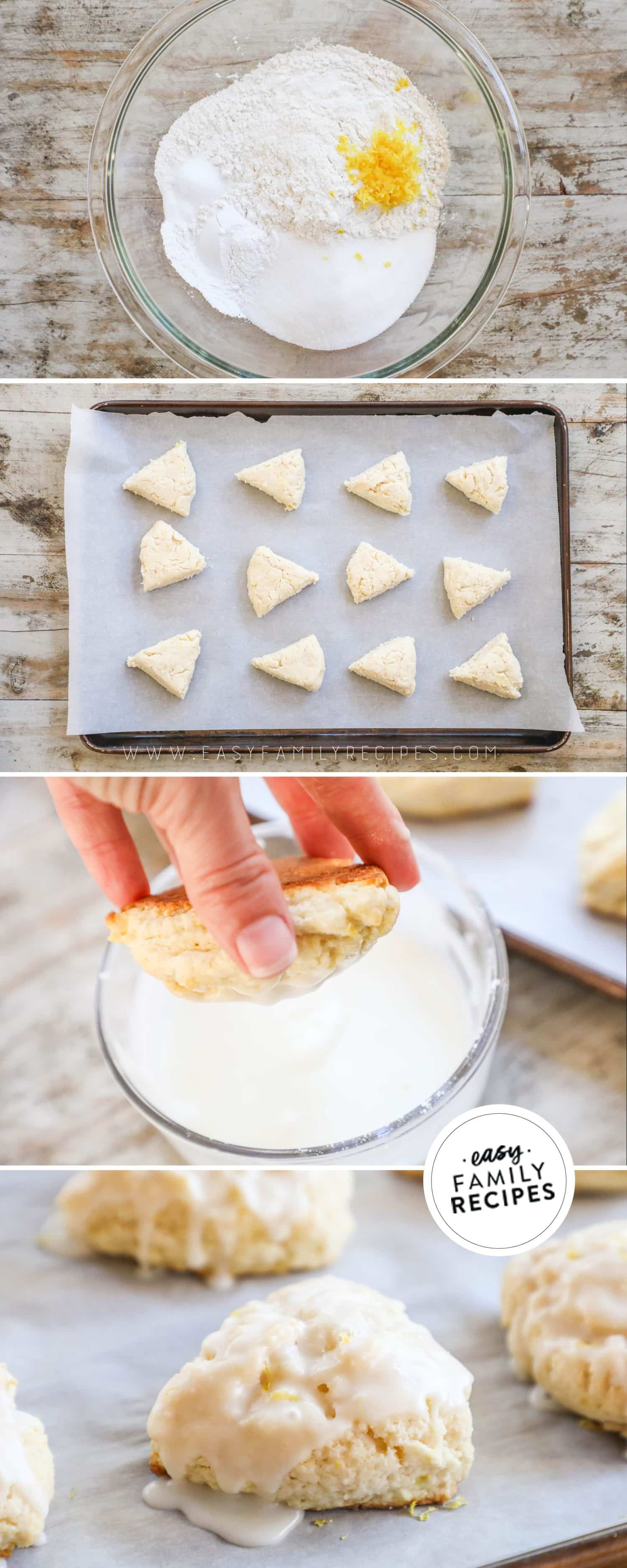 4 image collage making recipe: 1- dry ingredients in a bowl, 2- scone dough cut into triangles on a parchment lined baking sheet, 3- cooked scone being dipped into glaze, 4- glazed scone on baking sheet.