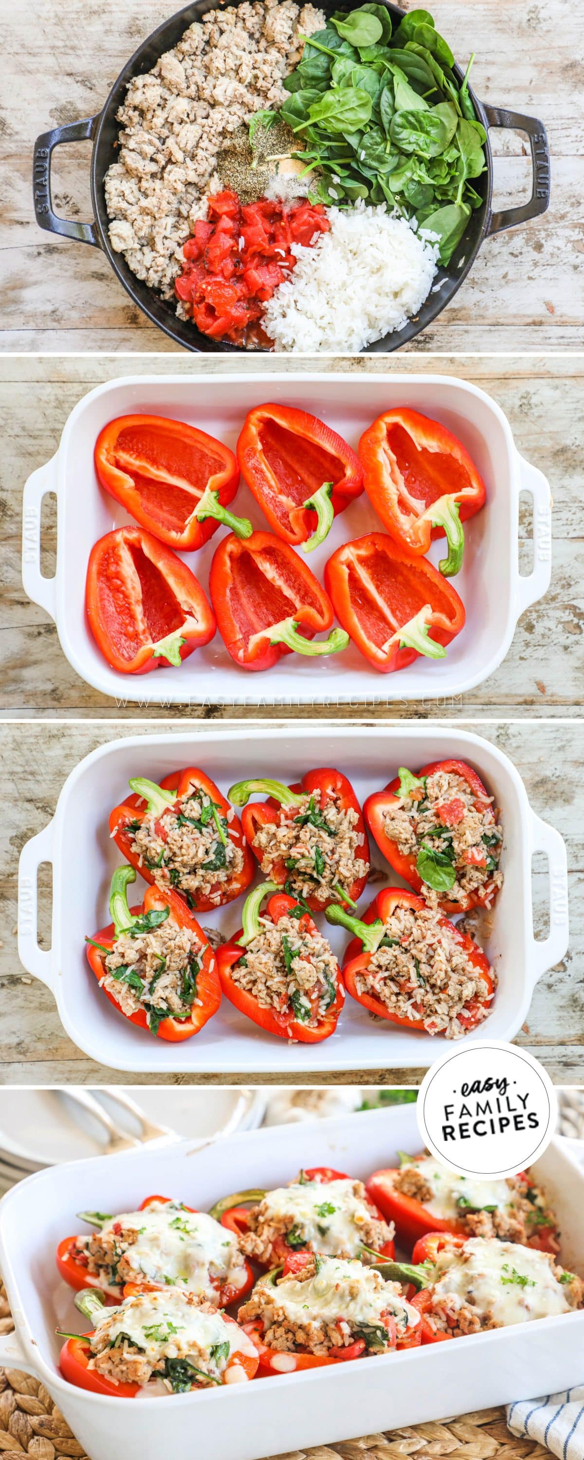 How to make chicken stuffed peppers: 1) cook the filling, 2) cut and seed the peppers, 3) stuff the peppers, 4) add cheese and bake