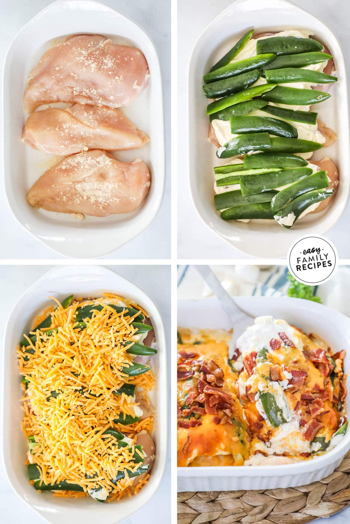 Process photos for how to make jalapeno popper chicken breast- 1 season chicken breast and place in a casserole dish. 2. Layer with cream cheese and jalapeno. 3. top with cheese and bacon. 4. Bake until chicken is cooked through and cheese is melted.