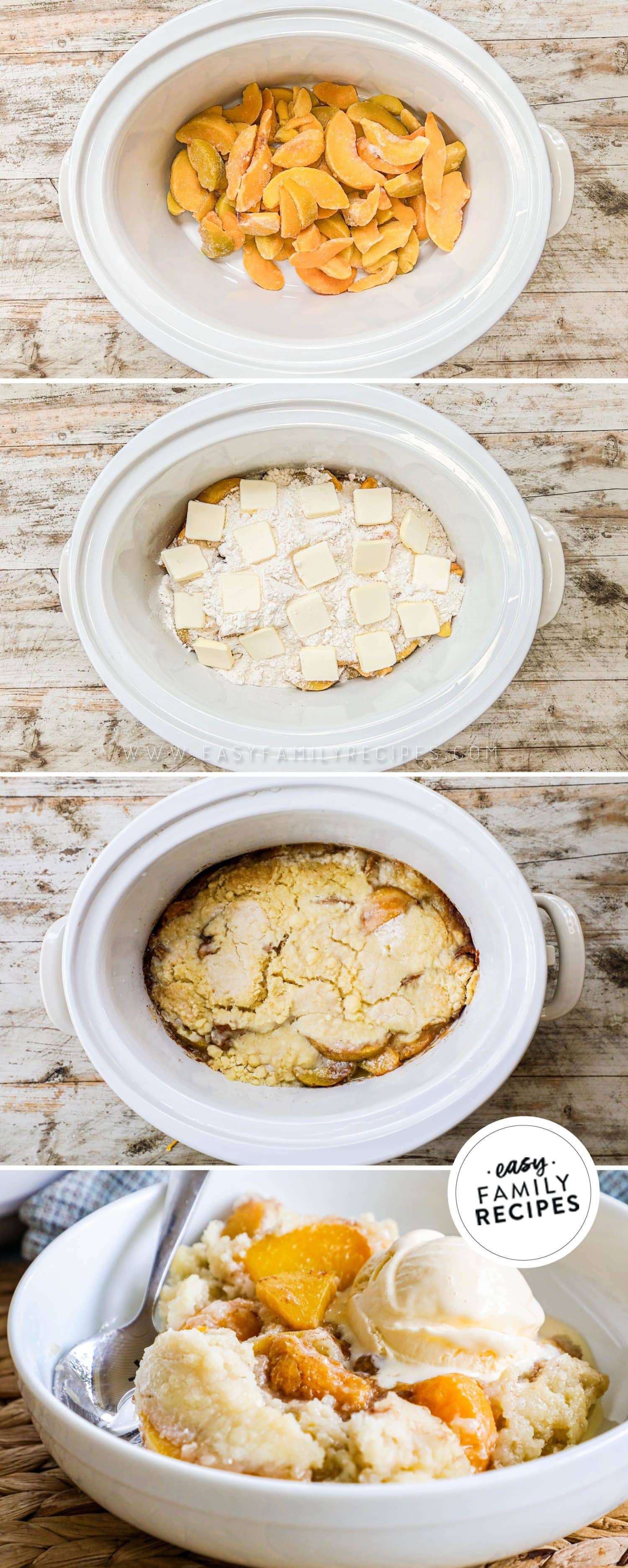 how to make crockpot peach cobbler 1) put peaches in the crockpot, 2)top with cookie mix and butter, 3) cook, 4) serve!