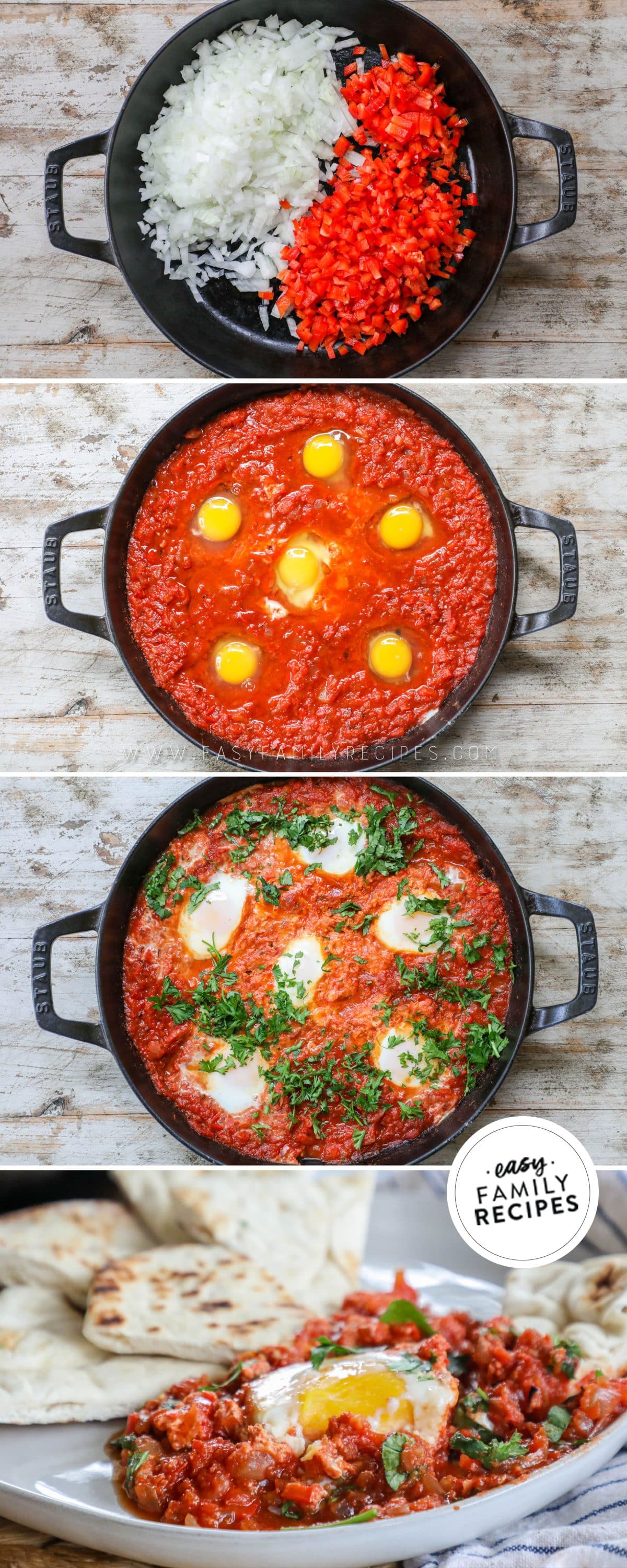 Process photos for making easy shakshuka with eggs. 1. Saute bell pepper and onion. Add tomatoes and spices. 3. edd eggs on top and cook to preferred doneness. Garnish with cilantro and parsley.