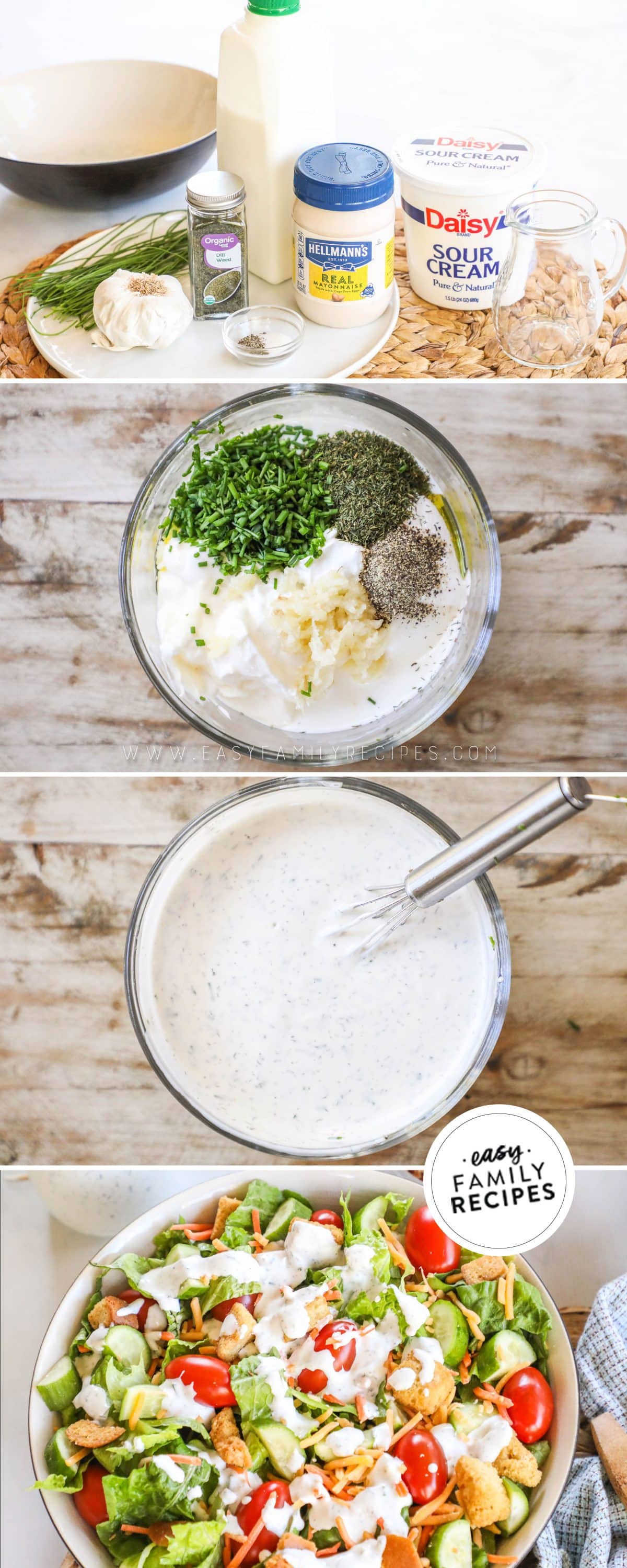 Process photos for how to make homemade buttermilk dressing: 1. Gather the ingredints. 2. Add all ingredients to a mixing bowl. 3. Whisk the dressing well until everything is combined. 4. Drizzle dressing over salad.