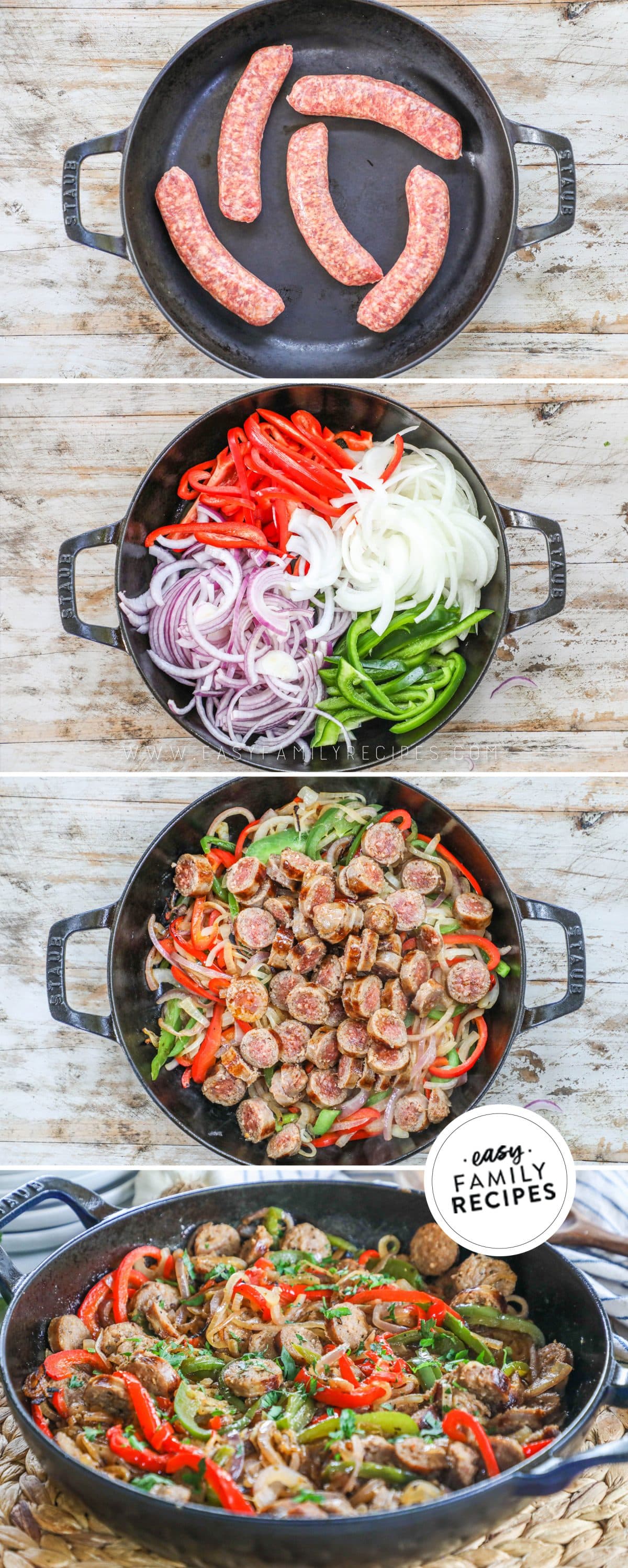 How to make Sausage and Peppers: 1) cook the sausage, 2) add the vegetables, 3) simmer everything together, 4) serve