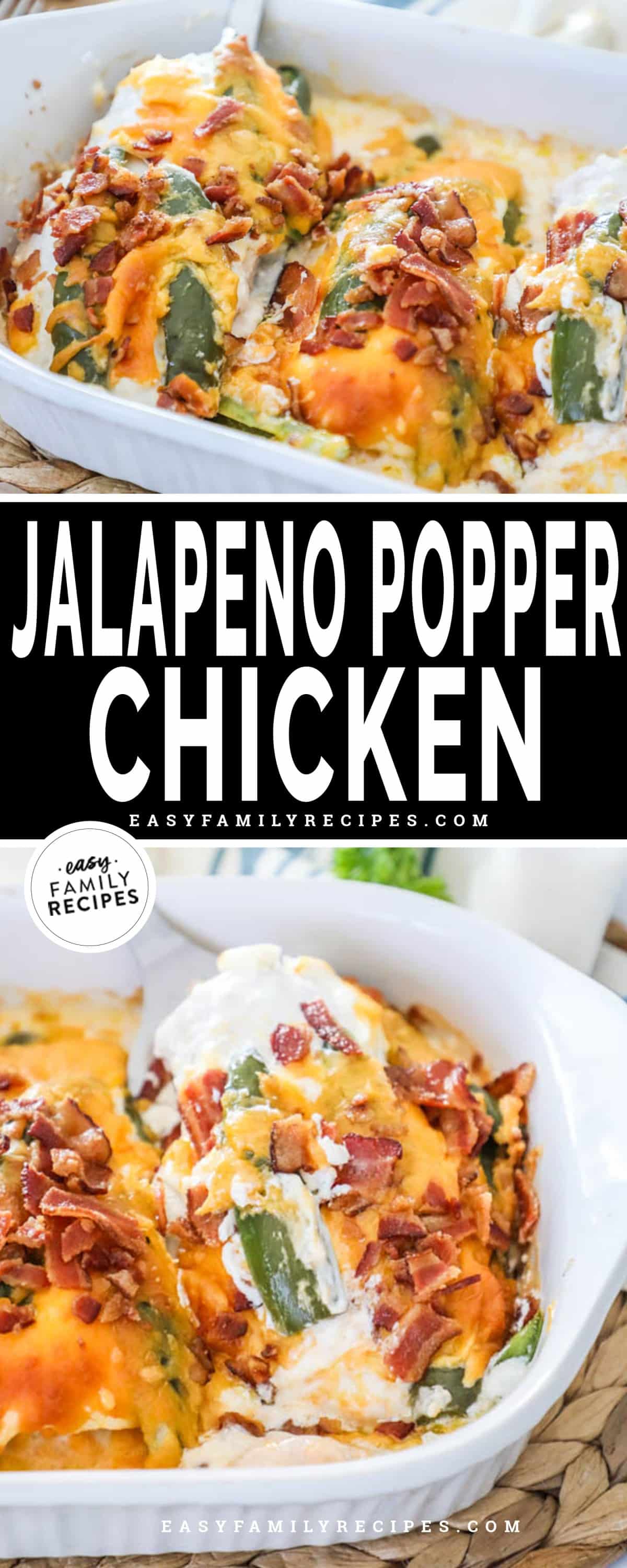 Jalapeno Popper Chicken topped with bacon being lifted out of the casserole dish
