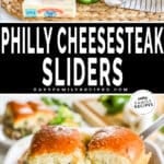 Two images for philly cheesesteak sliders that are filled with creamy ground beef onions and peppers. One image has them being scooped out of the baking dish and the second image has the ingredients