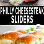 Two images for philly cheesesteak sliders that are filled with creamy ground beef onions and peppers. One image has them on a plate and the second image has the ingredients in a pan