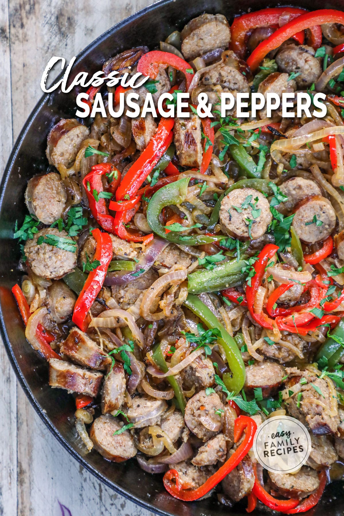 Overhead view of Italian Sausage and Peppers in skillet