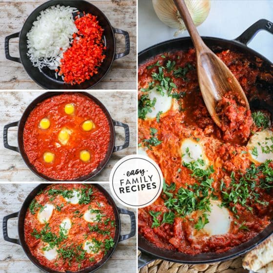 Step by step for how to make easy shakshuka with eggs. 1. Saute bell pepper and onion. Add tomatoes and spices. 3. edd eggs on top and cook to preferred doneness. Garnish with cilantro and parsley.