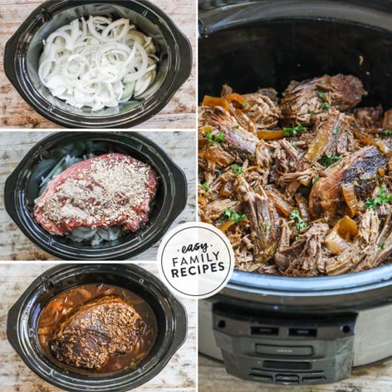 How to make crockpot sirloin tip roast 1) layer onions in crockpot 2) add meat and onion soup 3) shred meat and serve