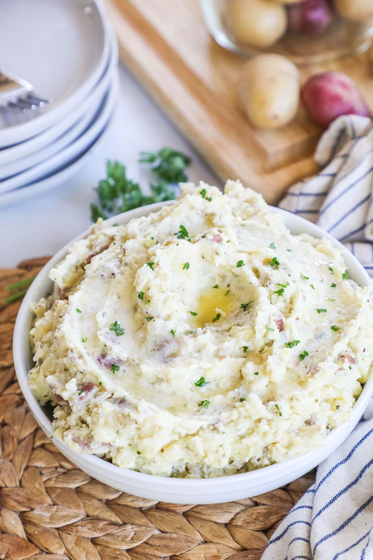 overhead of a bowl with garlic parmesan mashed potatoes.