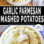 two images - one with a bowl full of finished mashed potatoes and the other is mashed potatoes inside the pot