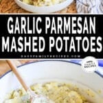 two images - one with a bowl full of finished mashed potatoes and the other is mashed potatoes inside the pot