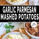 two images of mashed potatoes - a bowl piled with finished mashed potatoes and a plate of mashed potatoes and pulled pork