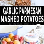 two images of mashed potatoes with mashed potato ingredients and a bowl piled with finished mashed potatoes.