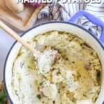 overhead of a pot of garlic parmesan mashed potatoes.