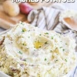 overhead of a bowl with garlic parmesan mashed potatoes.