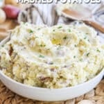 overhead of a bowl with garlic parmesan mashed potatoes.