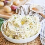 overhead of a bowl with garlic parmesan mashed potatoes.