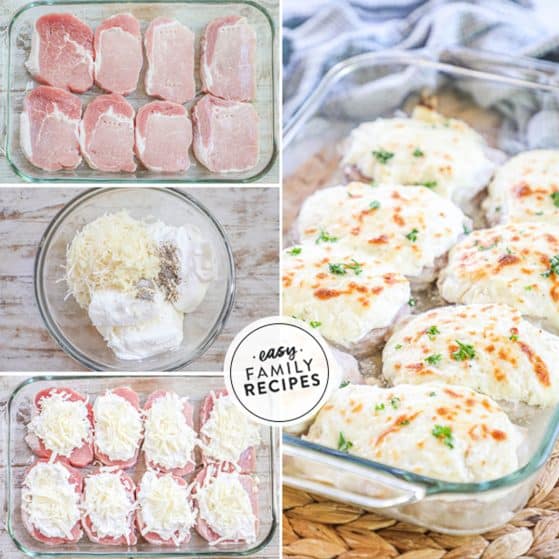 Steps to make these pork chops step 1 lay pork flat in baking dish step 2 mix cheese sauce together step 3 top pork chops with cream sauce step 4 bake and enjoy!