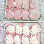 Process photos for how to make creamy garlic pork chops.