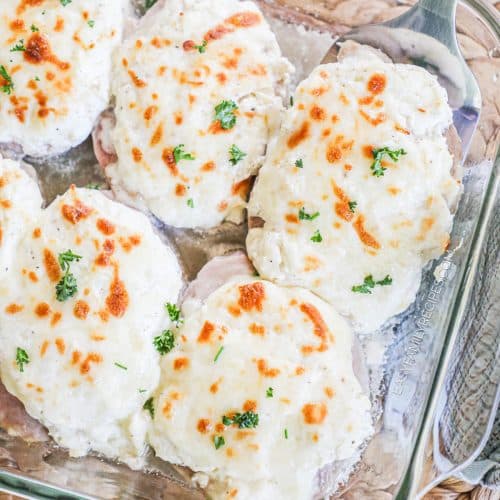 Pork chops covered in cheese sauce that is golden brown and topped with parsley.