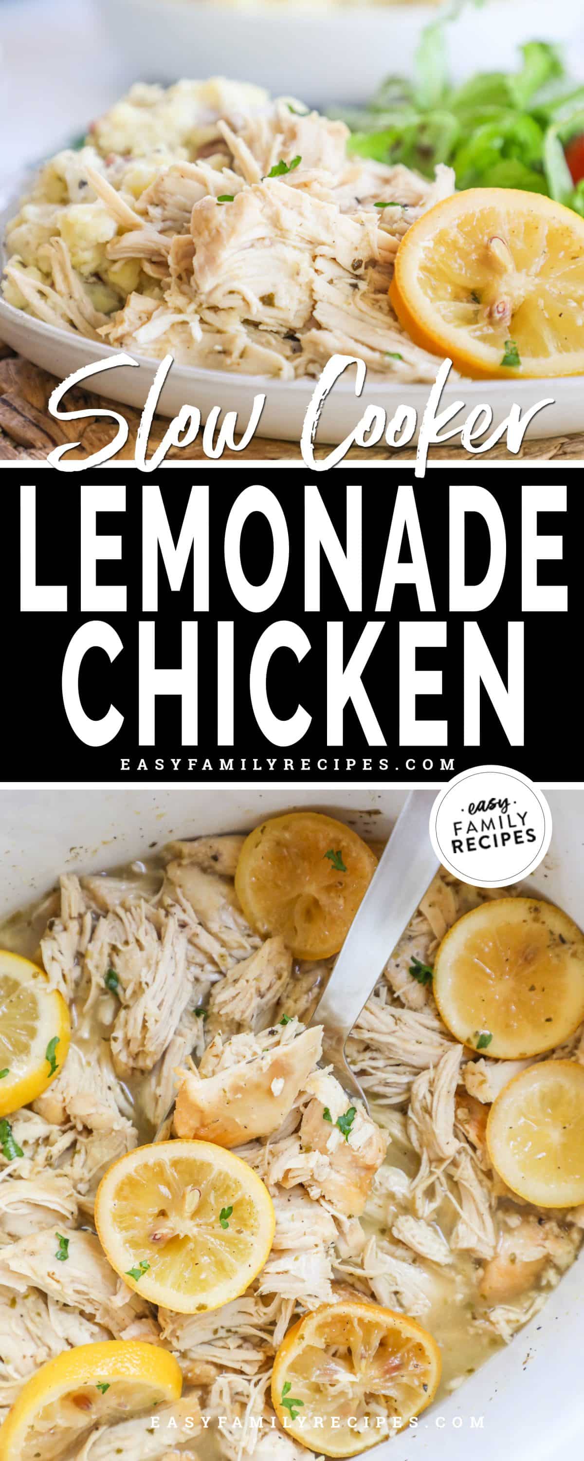 Top photo: crockpot lemonade chicken on plate with salad and slice of lemon, bottom photo: lemonade chicken in crockpot