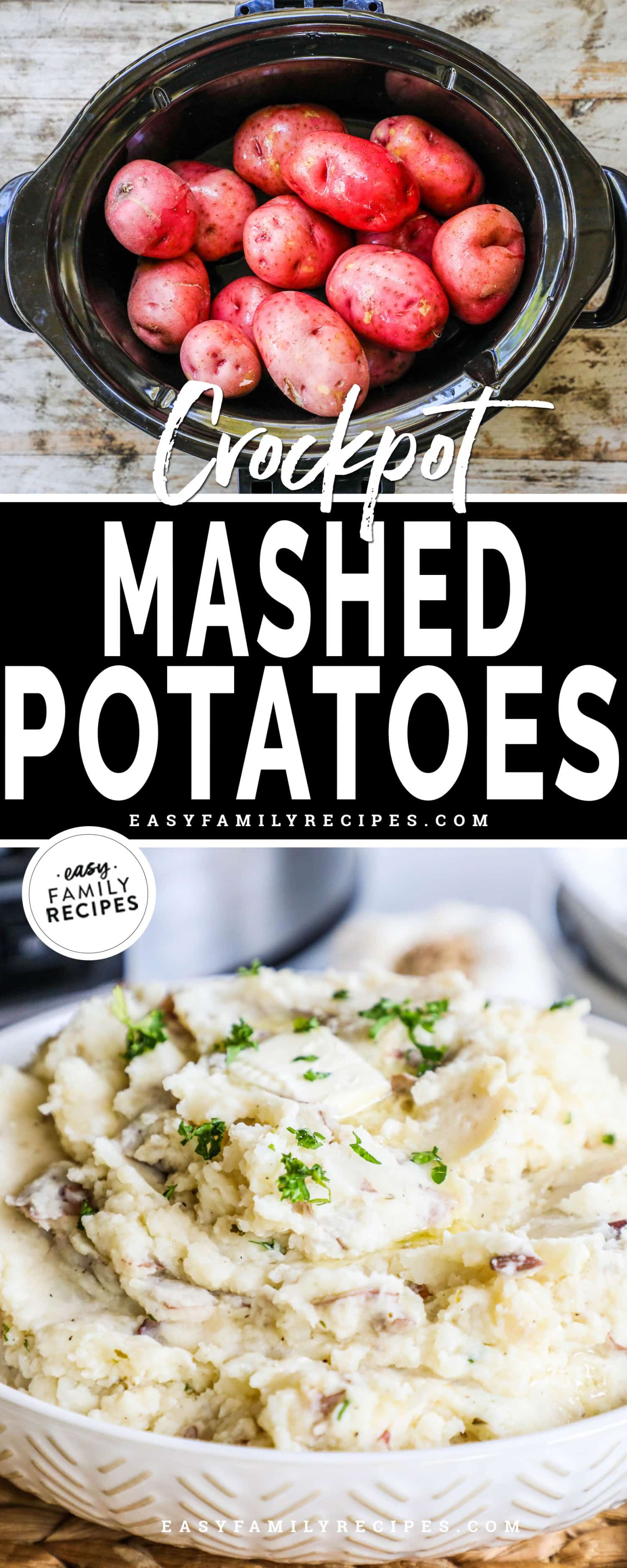 two images of potatoes, one of red potatoes in a crockpot and another with finished mashed potatoes in a bowl.