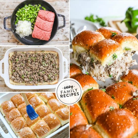how to make philly cheesesteak sliders 1.add chopped veggies and beef to pan to brown. 2. Drain fat 3. Mix in seasonings and softened cream cheese 4. Cut rolls horizontally and then spoon mixture evenly onto rolls. Then, add cheese on top. 5. Lay slider tops on your meat and cheese mixture 6. Brush garlic butter on the tops of rolls and bake