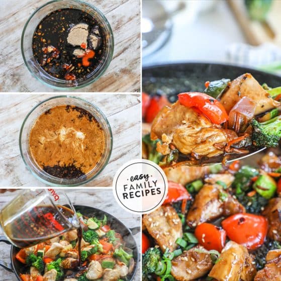 Step by step for making easy stir fry sauce- 1. gather the ingredients 2. combine all ingredients in a bowl and whisk together. 3. Add the cornstarch to the mixture. 4. Cook with meat and vegetables.