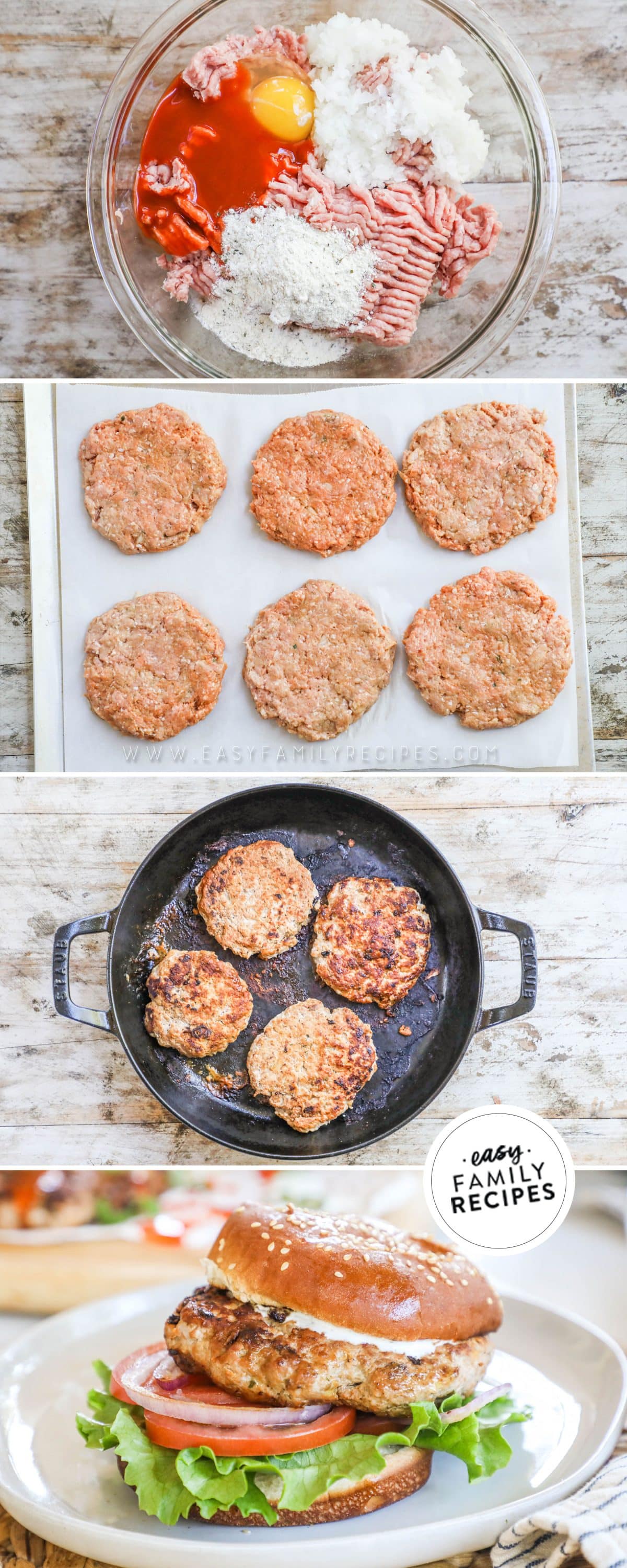 How to make Buffalo chicken burgers: 1) Mix ingredients, 2) Form patties, 3) Cook patties, 4) Assemble