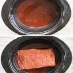 Process photos for how to make Brisket in Crock pot- 1. Prepare Brisket rub. 2. Add brisket to crockpot with BBQ sauce and broth 3. Cook and shred meat. 4. Combine meat with BBQ sauce and serve.