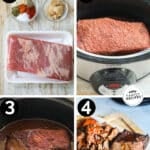 Process photos for how to make Brisket in Crock pot- 1. Prepare Brisket rub. 2. Add brisket to crockpot with BBQ sauce and broth 3. Cook and shred meat. 4. Combine meat with BBQ sauce and serve.