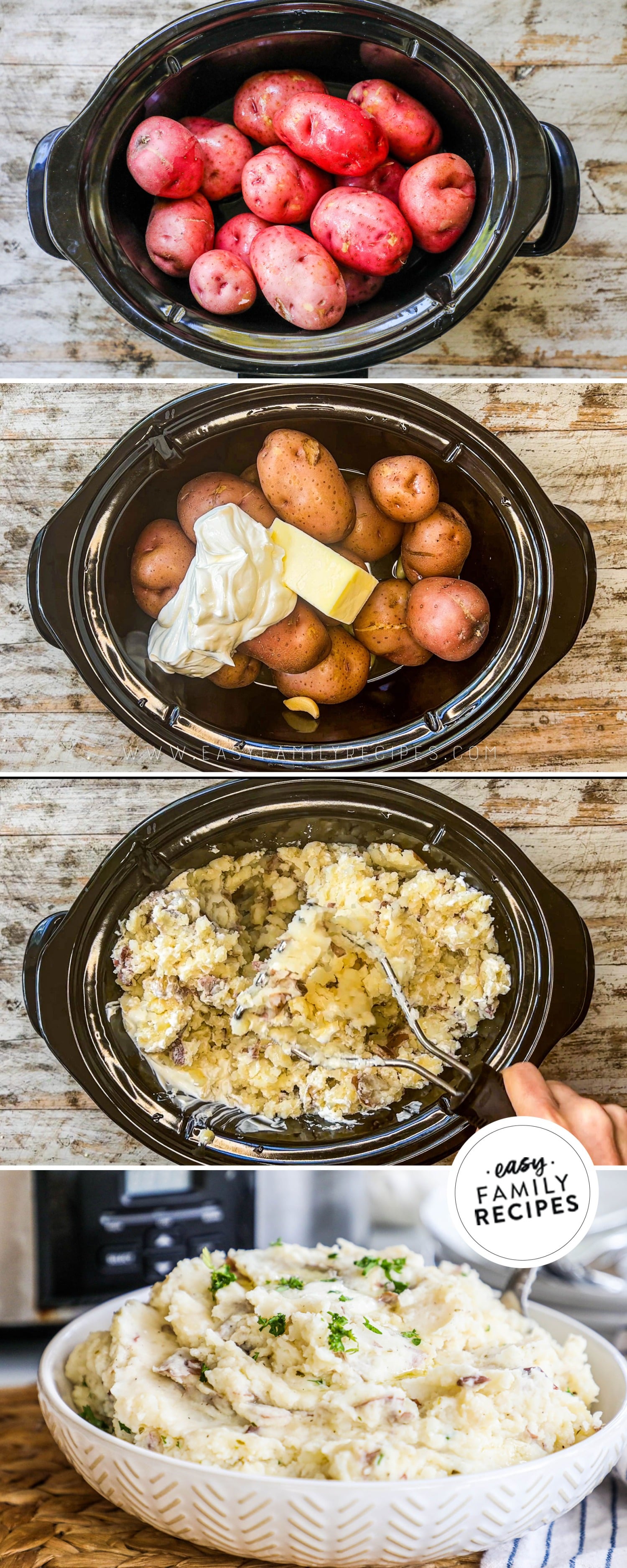 how to make garlic mashed potatoes in the crockpot: 1)cook the potatoes, 2)add the butter and sour cream, 3)mash, 4)serve!