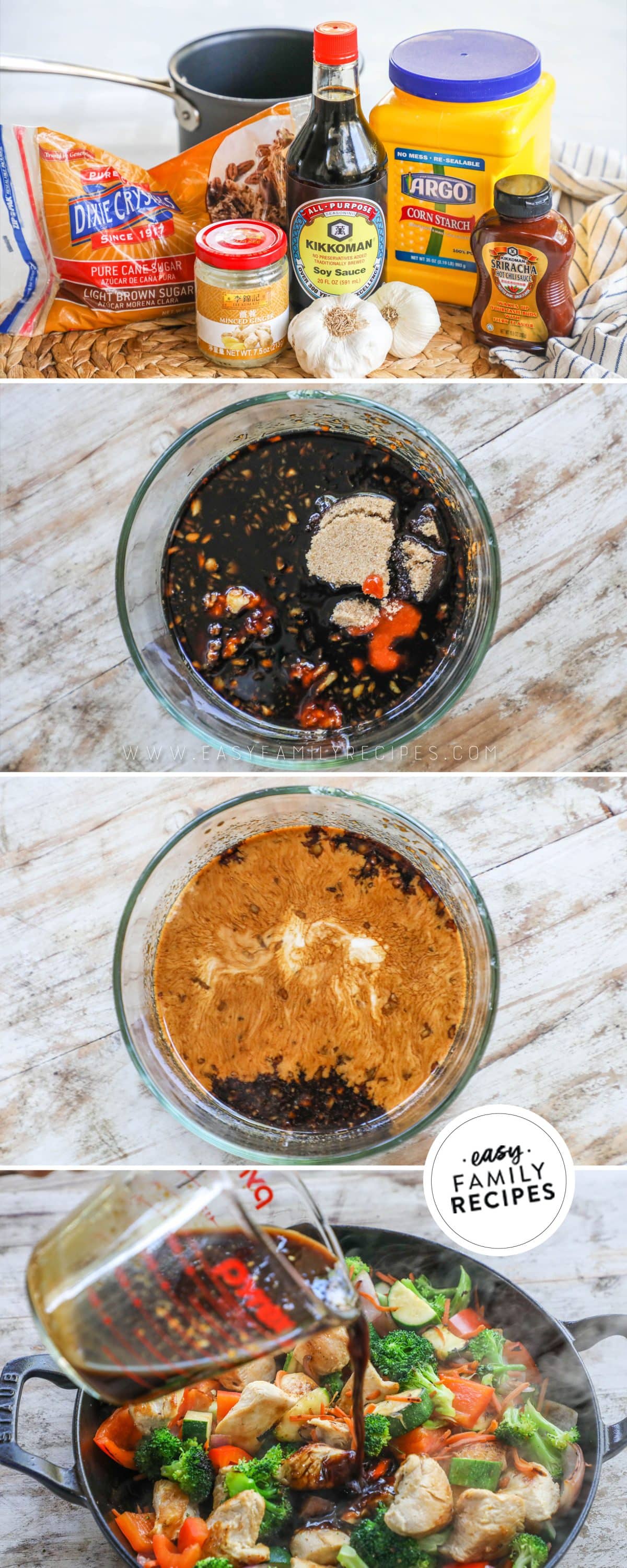 Process photos for how to make easy stir fry sauce- 1. gather the ingredients 2. combine all ingredients in a bowl and whisk together. 3. Add the cornstarch to the mixture. 4. Cook with meat and vegetables.