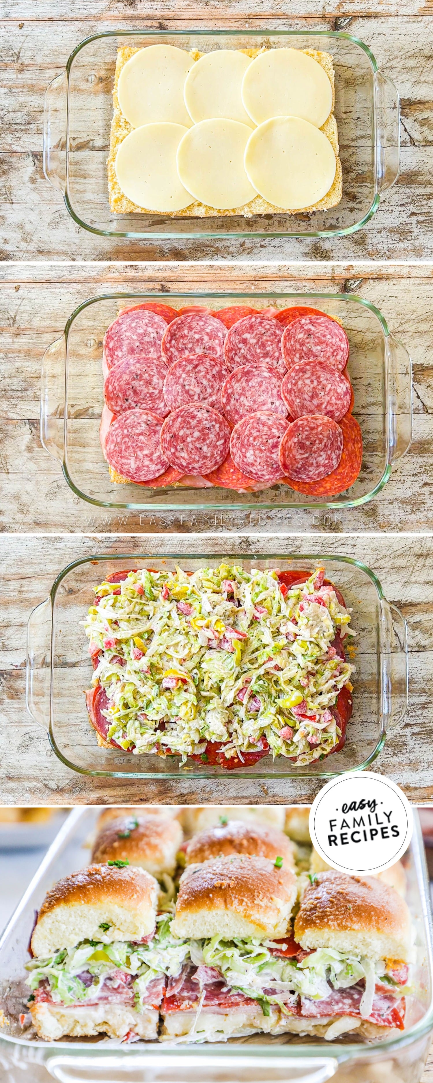 4 image vertical collage building recipe in a baking dish: 1- adding sliced provolone on top of the bottom part of Hawaiian rolls, 2- layering on the deli meats, 3- after baking with the salad added on top, and 4- side view of the grinder sandwiches to show all the layers