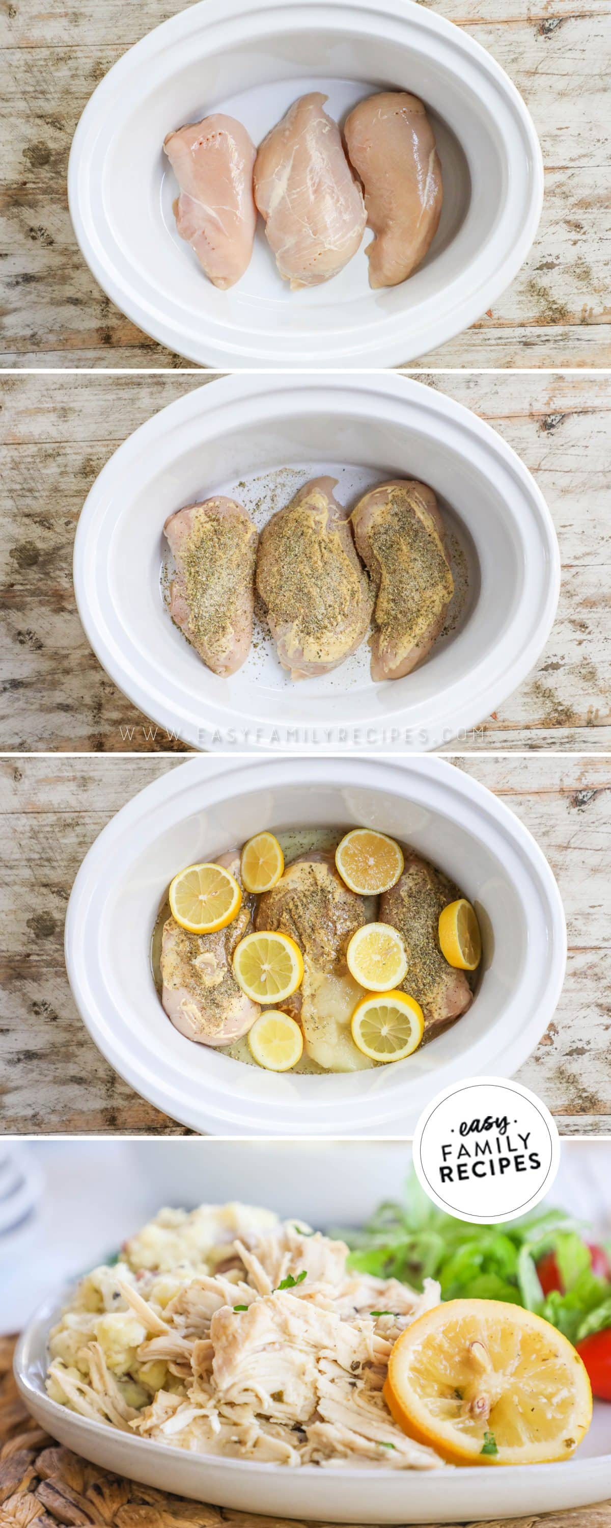 How to make crockpot lemonade chicken: 1) place chicken in crockpot, 2) season the chicken, 3) add lemonade and lemon slices, 4) cook and serve