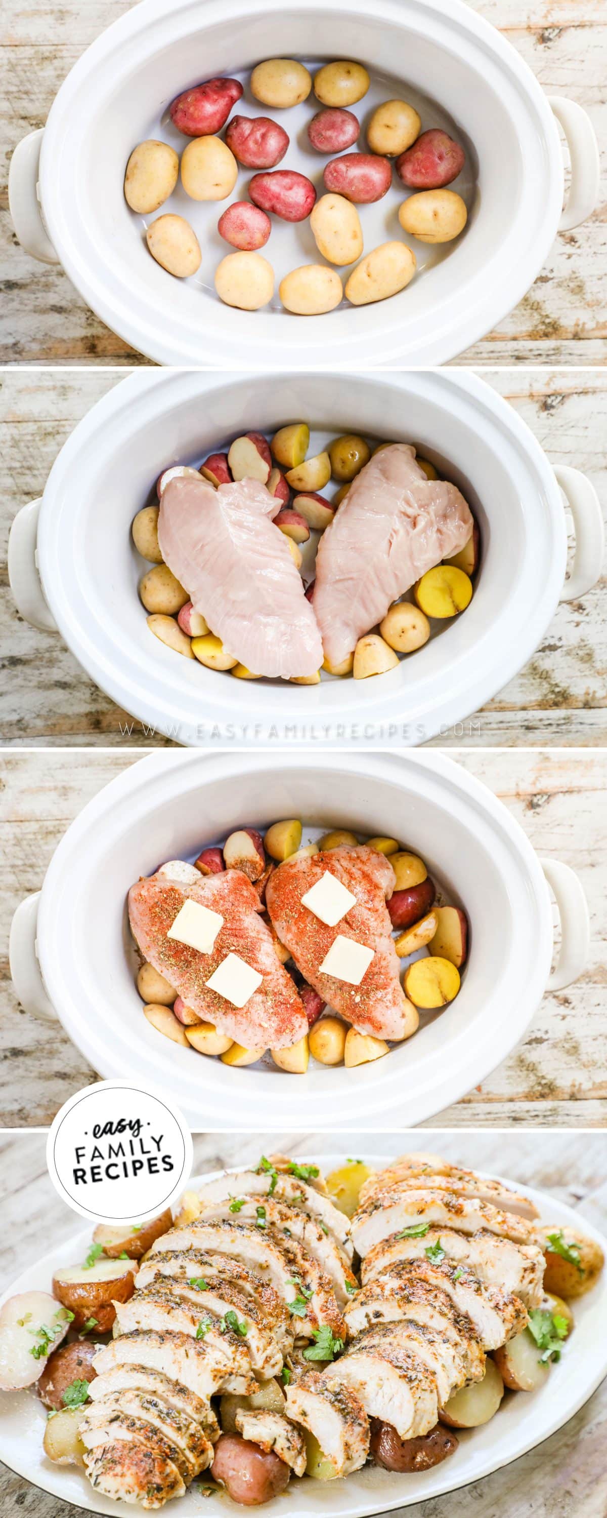 How to make crock pot turkey tenderloin 1. Place small potatoes on botton 2. Lay raw turkey tenderloins on top of potatoes 3. Season tenderloins, add pats of butter and cook.