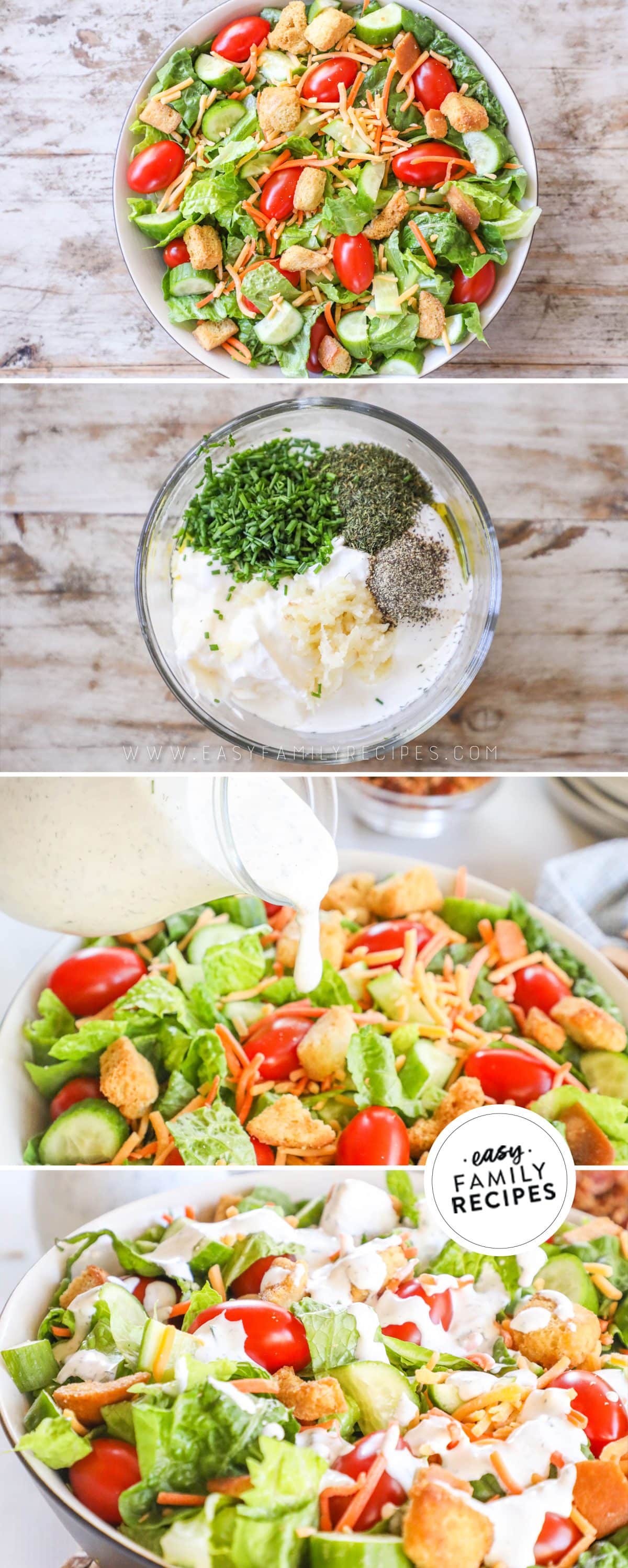 process photos for how to make a steakhouse house salad 1. arrange the lettuce and vegetables. 2. Make the buttermilk ranch dressing. 3. Pour the dressing over the salad. 4. Serve salad immediately