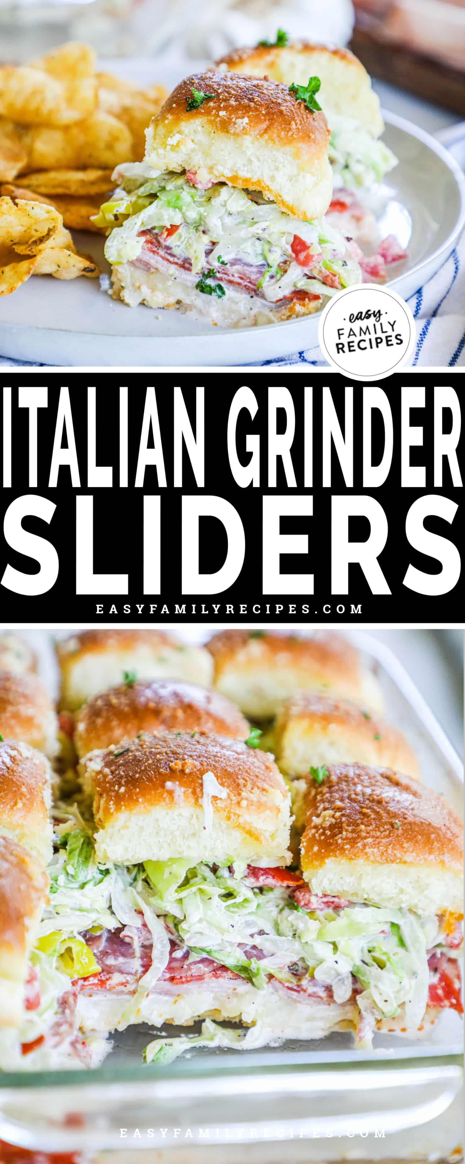 2 image collage with Italian grinder sliders on a plate with potatoes and the bottom image showing them in a baking dish.