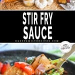 Ingredients for stir fry sauce and then the prepared stir fry sauce in a pan.