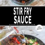 Homemade Stir Fry Sauce before cooking and being poured onto stir fry meat and vegetables.